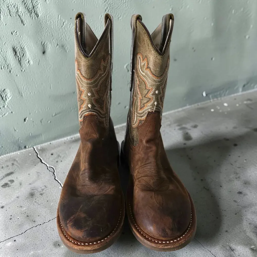 Old West Embroidered Cowboy Boots Brown Western Round Leather Fancy Stitch 3.5